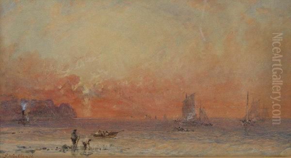 Paddle Steamer And Fishing Boats Off Ketlleness At Sunrise Oil Painting by George Weatherill