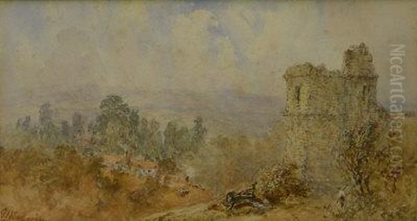 Ruined Tower With Cottages In The Distance Oil Painting by George Weatherill