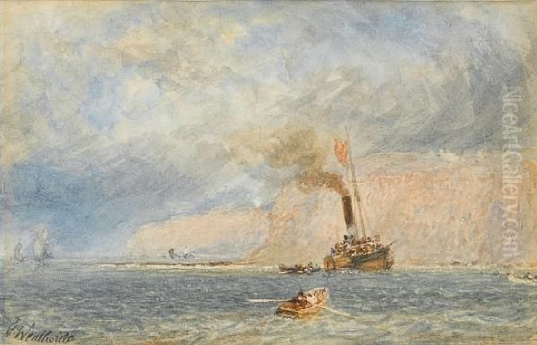 A Crowded Excursion Steamer Inshore Below Acliff, With Small Craft Coming Out To Her Oil Painting by George Weatherill