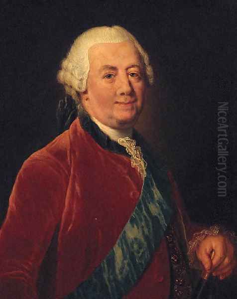 Portrait of a gentleman, half-length, wearing a red coat with a blue order sash, holding a baton Oil Painting by Anna Dorothea Therbusch