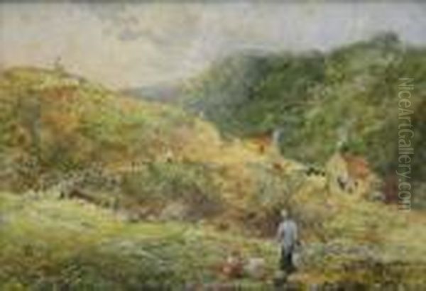 Cottages In The Esk Valley With Children In The Foreground Oil Painting by George Weatherill