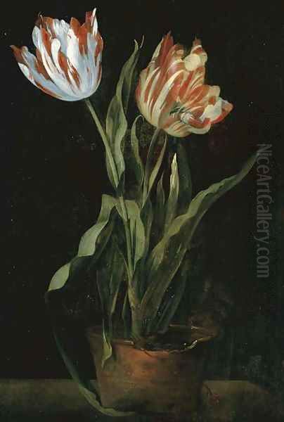 Still life with two variegated tulips in a clay pot Oil Painting by Guillaume-Thomas-Raphael Taraval