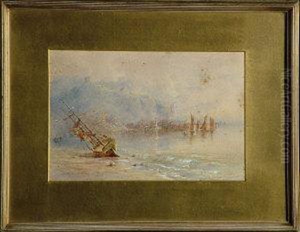 A Ship Aground On The Beach 
Before Scarborough With The Fishing Fleet And The Harbour In The 
Middle-distance. Oil Painting by George Weatherill