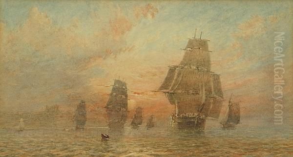 Ships Off The Coast At Sunset Oil Painting by George Weatherill