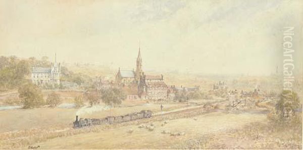 A Steam Engine Pulling Loaded Wagons Through The Industrialnorth Oil Painting by George Weatherill