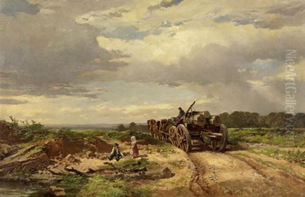 English Landscape With Horse-drawn Carriage Oil Painting by James Webb