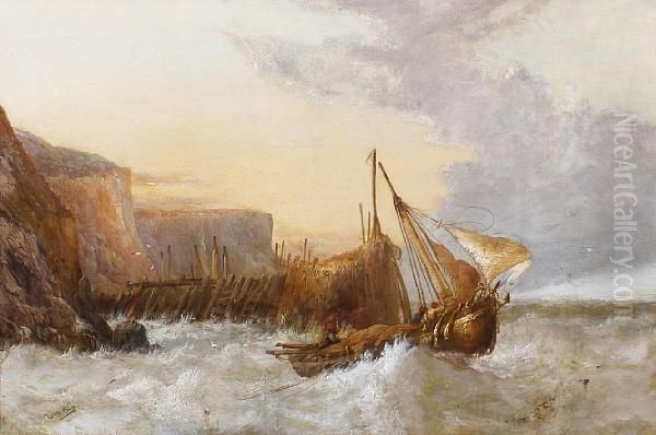 Fishing Boat In A Stormy Off A Pier Oil Painting by James Webb