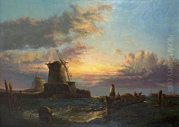 Kustenlandschaft Mit Muhlen Und Fischerboot Oil Painting by James Webb