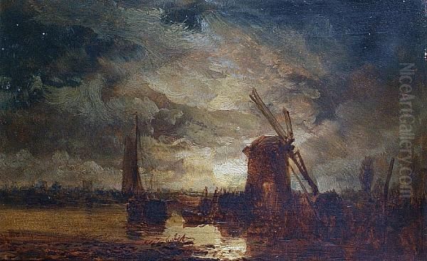 A Windmill By Moonlight Oil Painting by James Webb