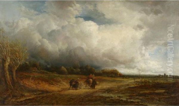 Travellers On A Country Road On A Windy Day Oil Painting by James Webb