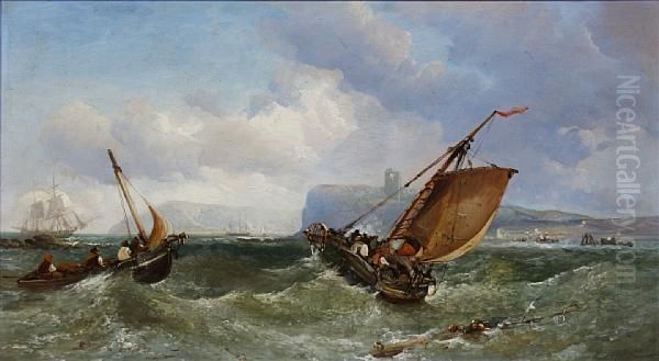 Fishing Boats And Shipping Off A Headland Oil Painting by James Webb