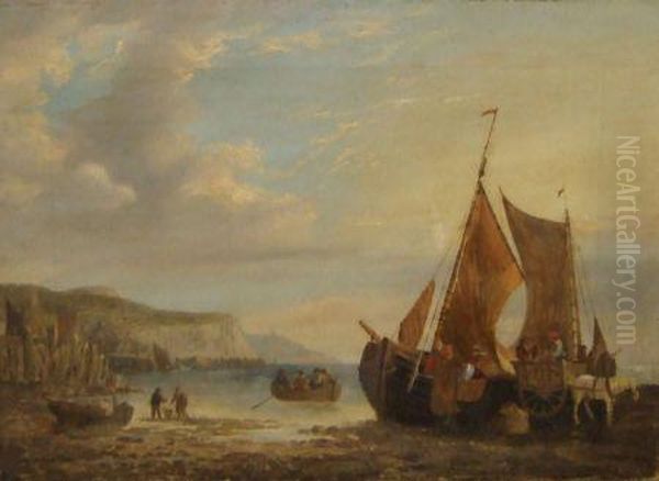 Coastal Scene With Figures And Boats Oil Painting by James Webb