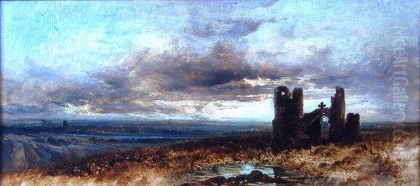 Moorland Landscape With Derelict Castle Oil Painting by James Webb