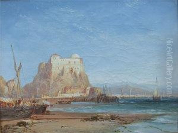 Webb, Oil On Canvas,spanish 
Landscape With Sea, Beach, Vessels And Building, Inscribedverso, 12ins X
 16ins Oil Painting by James Webb