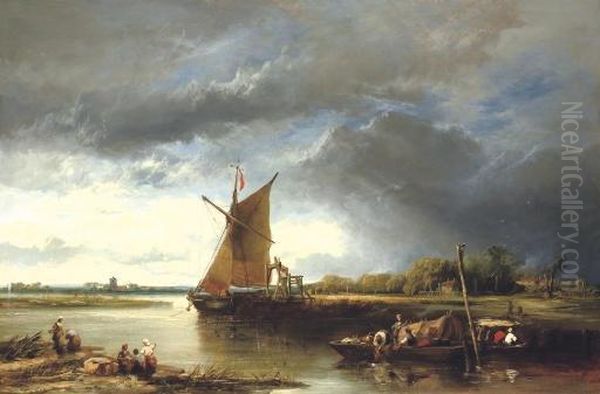 A Barge In A Norfolk Landscape Oil Painting by James Webb