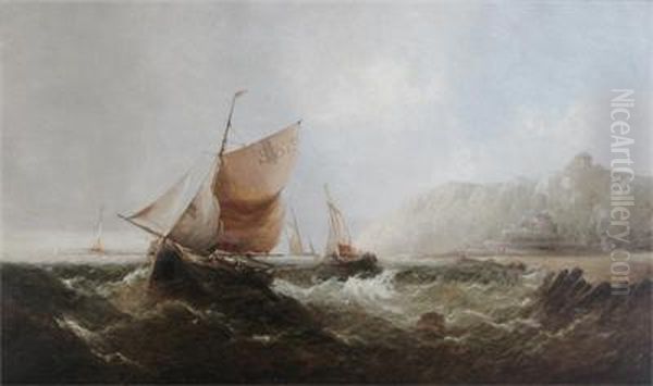 Fishing Boats In Choppy Seas Off The Coast Oil Painting by James Webb