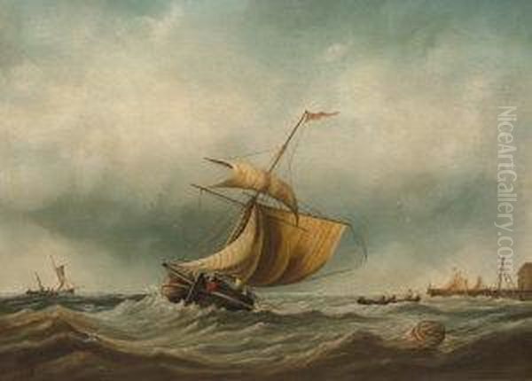 Shipping In Stormy Seas By A Jetty Oil Painting by James Webb