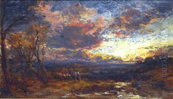 Shepherds And Flock On Hampstead Heath At Dusk Oil Painting by James Webb