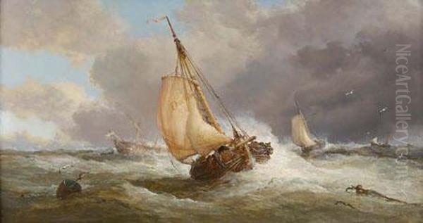 Blowing Fresh, Dutch Boats Homeward Bound Oil Painting by James Webb