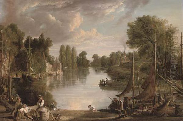 A River Landscape At Dusk, With Figures Unloading A Barge In The Foreground Oil Painting by James Webb