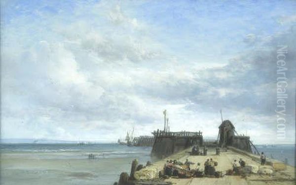 Coastal Scene With Figures On A Jetty Signed 9 X 14in Oil Painting by James Webb