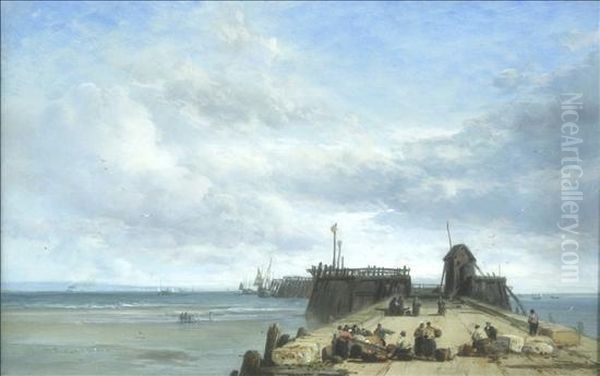 Coastal Scene With Figures On A Jetty Oil Painting by James Webb