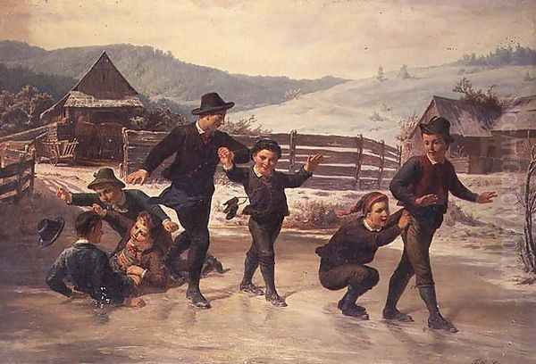 Children skating Oil Painting by Leopold Till