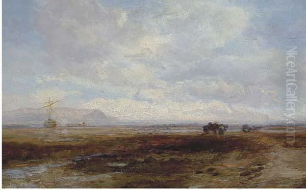 A Marshy Landscape With A Beached Boat In The Distance Oil Painting by James Webb