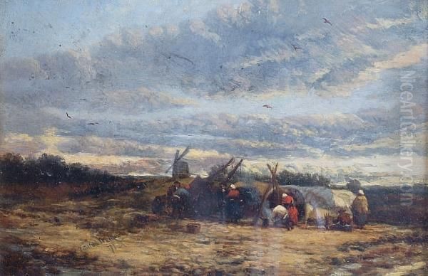 Gipsy Encampment With Windmills, Suffolk Oil Painting by James Webb