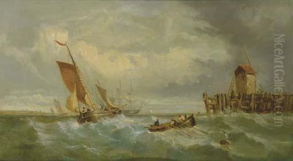 Dutch Fishing Boats Off A Jetty With A Windmill In The Distance Oil Painting by James Webb