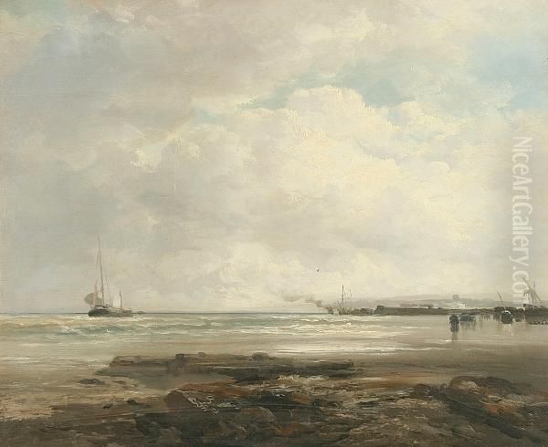 Coastal Landscape With Barge And Windmill Oil Painting by James Webb