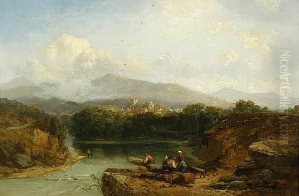 Figures Looking Across A River With Town And Mountains Beyond Oil Painting by James Webb