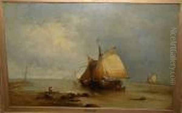 A Dutch Estuary Scene With 
Coastal Craft And A Figure On The Shore, Signed 'jas Webb', Oil On 
Canvas Oil Painting by James Webb