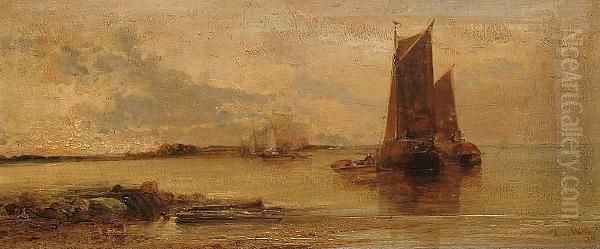 Boats Anchored At Low-tide Oil Painting by James Webb