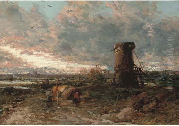 Figures By A Windmill, Sunset Oil Painting by James Webb