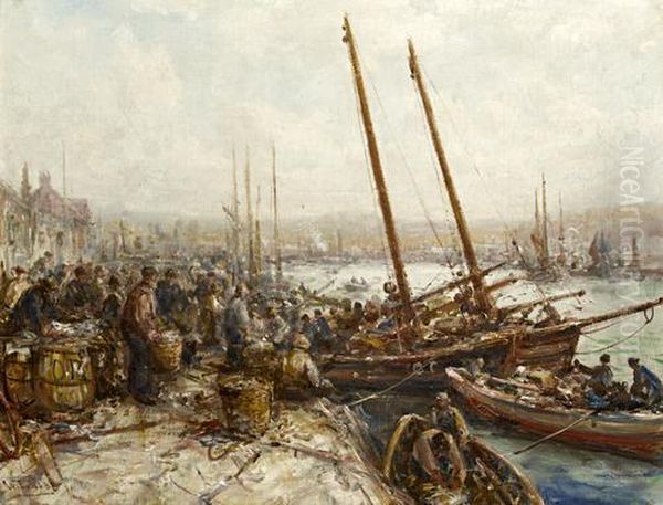 The Crowded Fish Dock, Orkney Oil Painting by William Edward Webb