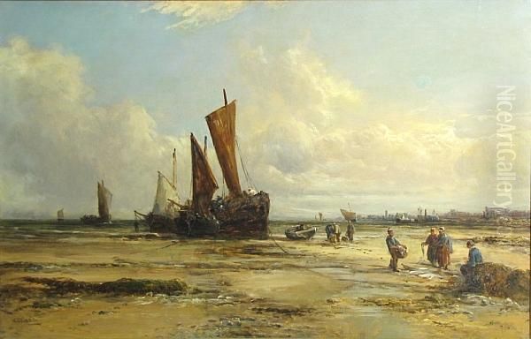 Beach Scene With Boats And Figures In The Foreground Oil Painting by William Edward Webb