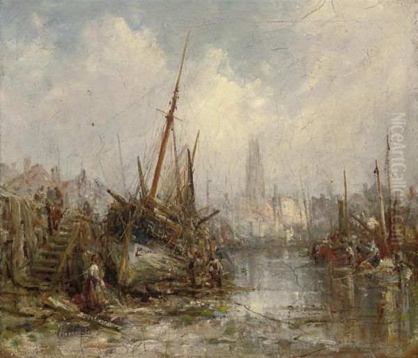 A Harbour Crowded With Fishing Boats At Low Tide Oil Painting by William Edward Webb