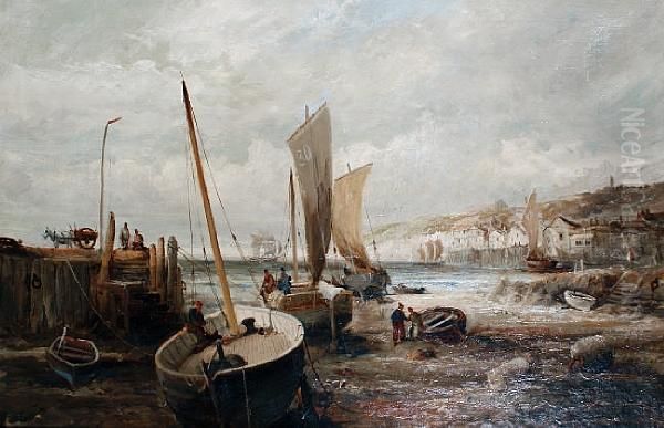 A Busy Harbour Scene At Low Tide Oil Painting by William Edward Webb