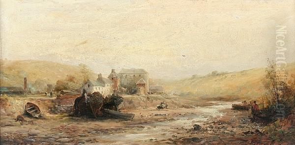 Beached Fishing Boats By A Stream With A Mill And Figures Beyond Oil Painting by William Edward Webb