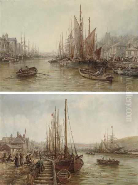 Peel Harbour, Isle Of Man; And Douglas Harbour, Isle Of Man (both Illustrated) Oil Painting by William Edward Webb