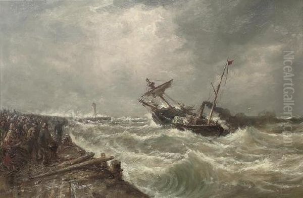 A Paddle Tug Towing A Derelict Into Harbour, With The Quay Crowded With Onlookers Oil Painting by William Edward Webb