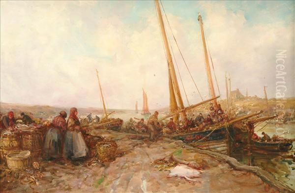 Scilly Isletrawlers Unloading Their Catch On The Fish Quay Oil Painting by William Edward Webb