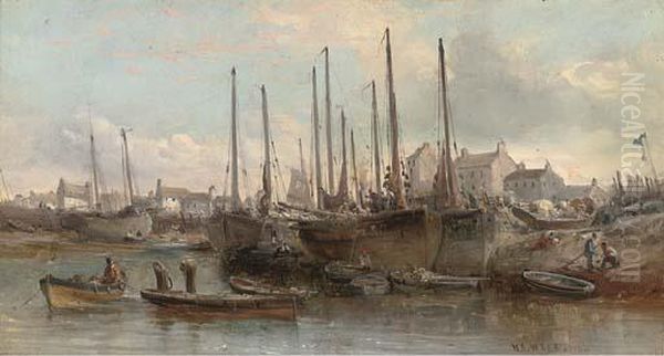 Fishing Boats In The Harbour At Peel Oil Painting by William Edward Webb