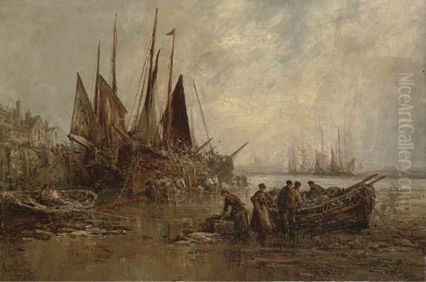 The Peel Fishing Fleet Unloading At Low Tide Oil Painting by William Edward Webb