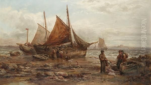 Trawlers From Castletown And Blythe Beached Across The Bay From Peel Castle, Isle Of Man Oil Painting by William Edward Webb