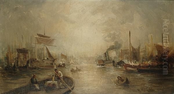 A Busy River Scene Oil Painting by William Edward Webb