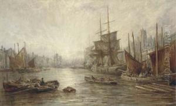 Fishing Boats In The Harbour At Dordrecht, Sunset Oil Painting by William Edward Webb