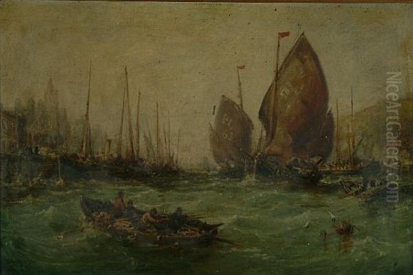 A Busy Harbour - Possibly Peel Oil Painting by William Edward Webb