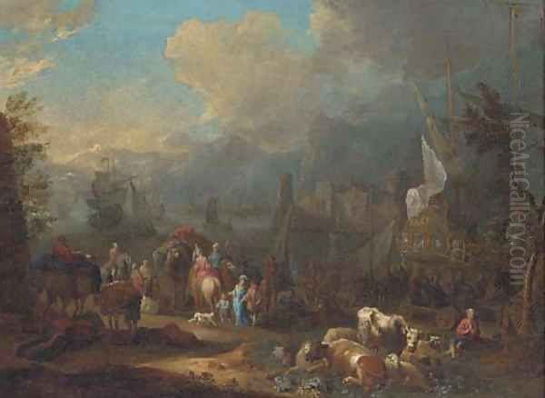 An Italianate harbour with peasants and elegant figures by a frigate Oil Painting by Peter Tillemans